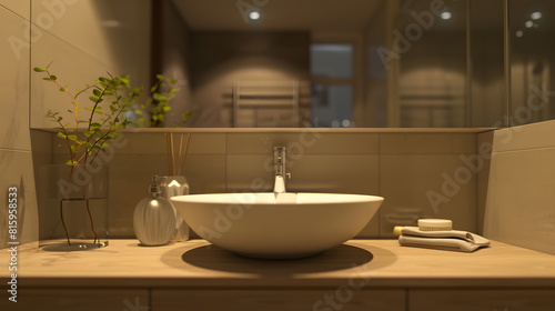 Modern bathroom interior with stylish mirror and vessel sink   Generative AI