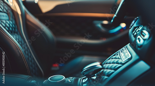 High angle view of luxury sport car front passenger seat and detail high end fabric and stitch texture along with blurred gear shift control buttons Design element and car interior bac : Generative AI