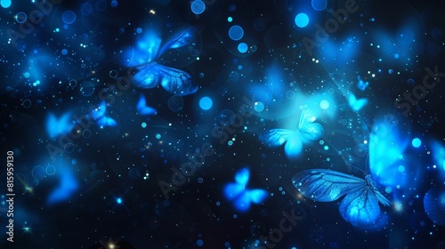 Modern realistic illustration of abstract neon lights sparkling, magic dust particles texture, mysterious stars shimmering in space galaxy with blue fireflies. © Mark