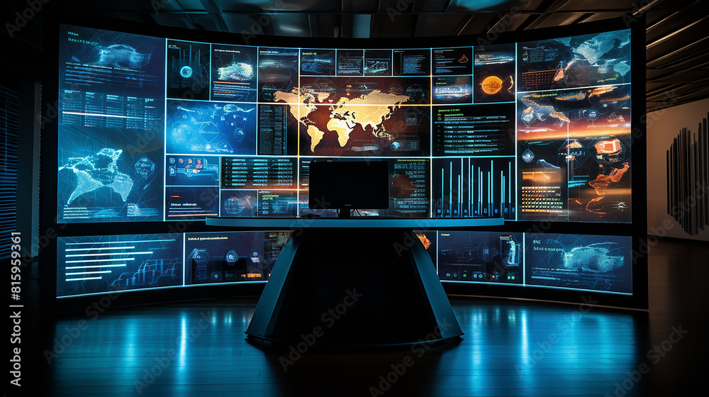 Futuristic Blue Big Data Display System: Advanced Technological Front View for Innovative Digital Solutions. Futuristic Blue Big Data Display System: Advanced Technological Front View for Innovative Digital Solutions.