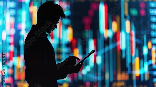 A trader's silhouette against a backdrop of virtual screens, using a digital tablet to interpret stock market trends represented by candlestick graphs. photo