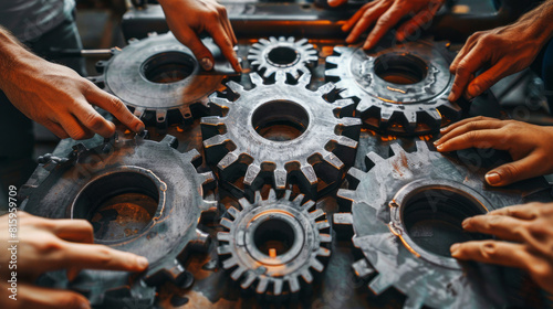 Group of hands assembling large industrial gears, depicting teamwork and mechanical engineering