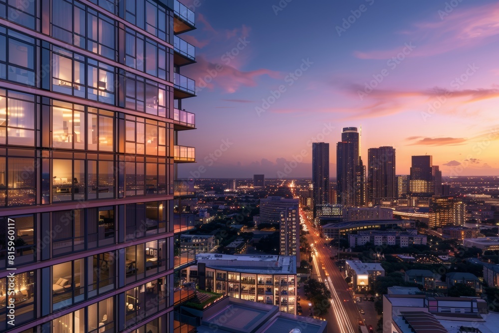 Obraz premium Cityscape at Sunset with High Rise Apartment Building and Skyline