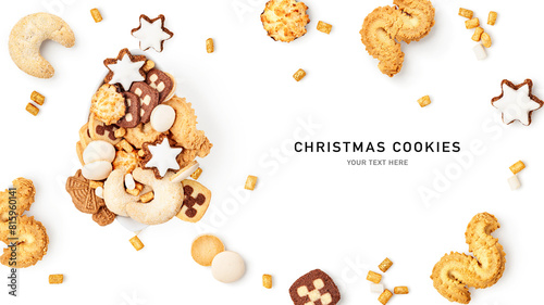 Homemade different christmas cookies composition isolated on white background.