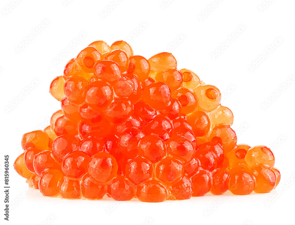 Red salmon caviar heap isolated on a white background. Delicious red caviar. Red salmon caviar heap isolated on a white background. Delicious red caviar.