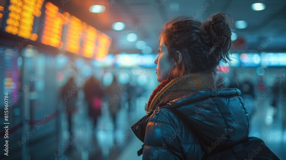 woman in a train station looking at the departure board with a blue and orange color scheme. woman in a train station looking at the departure board with a blue and orange color scheme.