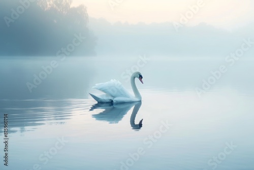 Swan Swimming on Misty Lake at Dawn with Reflection on Water