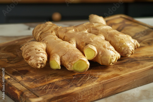 Whole ginger roots on a rustic wooden cutting board, showcasing their rough textured skin and vibrant fresh cut, perfect for culinary use photo