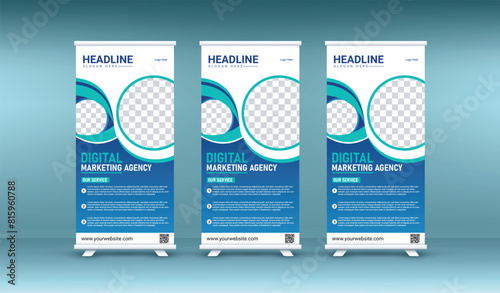 Business Roll-up banner vertical template company shop and restaurant pull up banner with 3 color, advertisement banner, x-banner and flag-banner advertising. Vector illustration