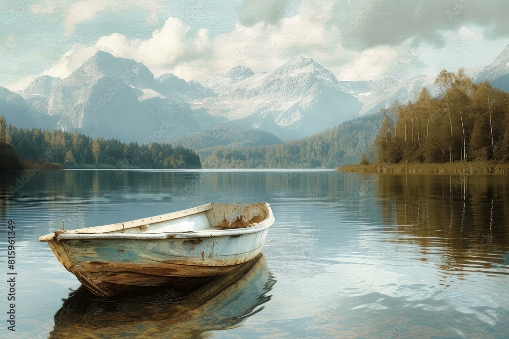 Tranquil scene featuring a single boat floating on a calm lake with majestic mountains in the backdrop