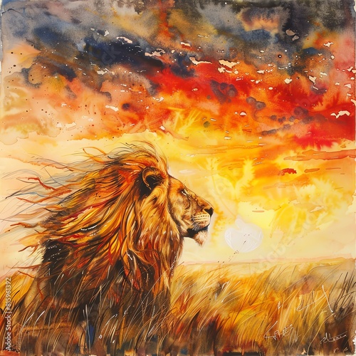 A majestic lion mane fluttering, painted in vibrant watercolors on the African savannah at sunset