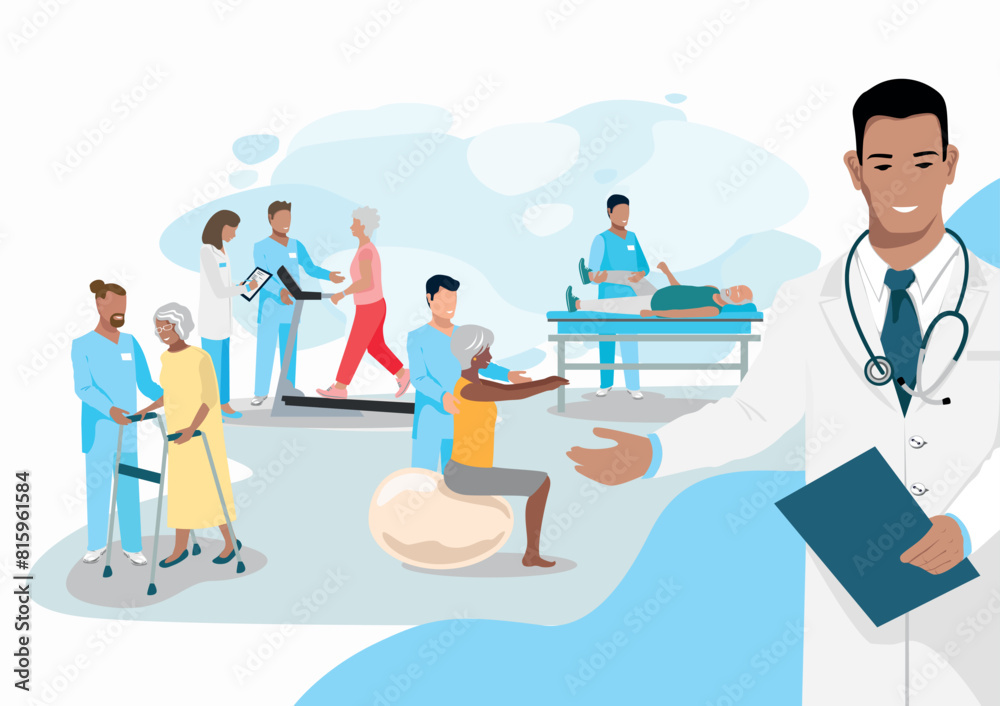 The doctor shows how elderly patients undergo orthopedic rehabilitation with a physiotherapist. Rehabilitation of the elderly. Restoring health after illness and injury. Flat vector illustrations.