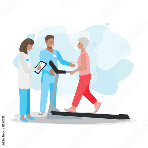 An elderly patient is undergoing orthopedic rehabilitation with a physical therapist. Physiotherapy. Thanks to the doctors and nurses. Restoring health after illness and injury. Flat vector