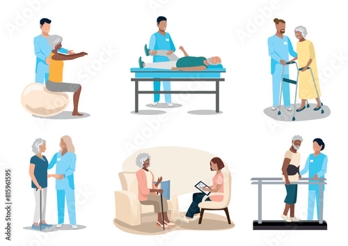 An elderly patient is undergoing orthopedic rehabilitation with a physical therapist. Physiotherapy. Thanks to the doctors and nurses. Restoring health after illness and injury. Set of flat vector