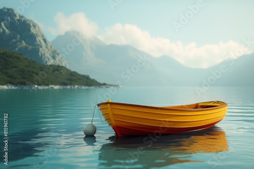Tranquil lake with a yellow boat floating amidst mountains on a clear day