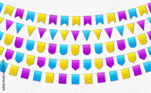 Bunting flags, carnival party flags, festive pennants hanging on a rope. Festival vector decoration.