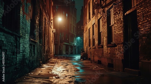 dramatic urban night scene dark alleyway illuminated by streetlights cinematic background