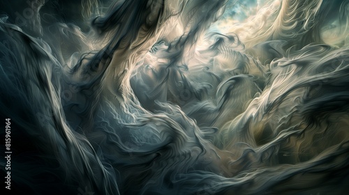  Abstract tendrils of mist twist and coil in a surreal dance of light and shadow, creating an otherworldly landscape that captivates the imagination. 