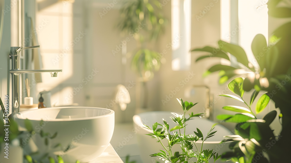 Interior of light bathroom with white sink bathtub bath accessories and houseplants : Generative AI Interior of light bathroom with white sink bathtub bath accessories and houseplants : Generative AI