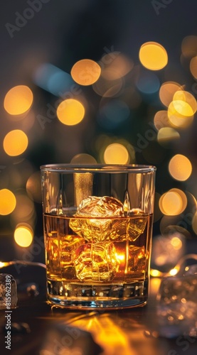 A glass of whiskey on the rocks, sitting in front of you with blurred lights behind it. The background is dark and blurred, creating an atmosphere. 