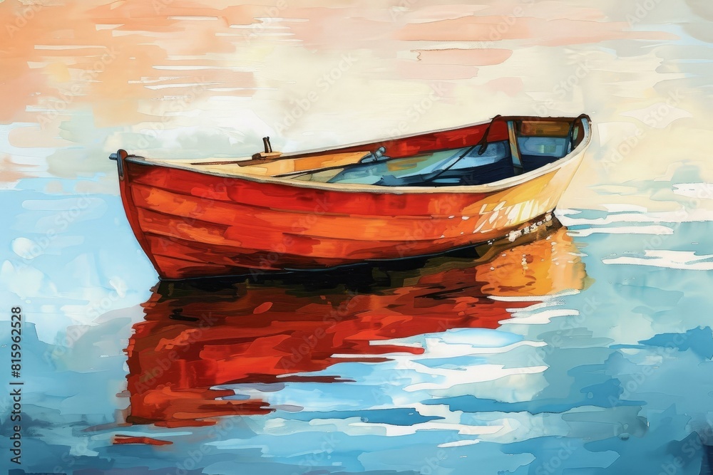 Fototapeta premium Tranquil watercolor boat scene with vibrant colors and serene reflection on calm water, a peaceful maritime landscape illustration for wall gallery decoration