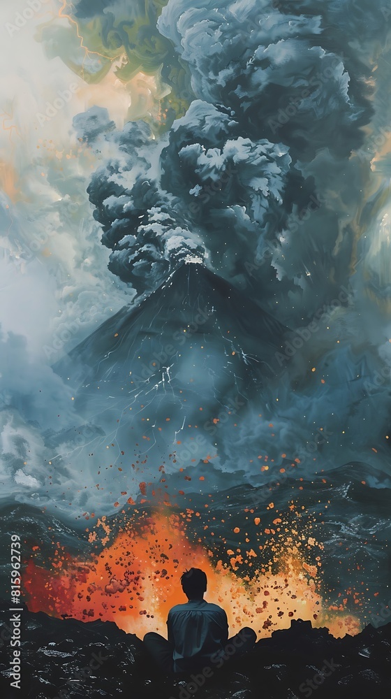 Obraz premium The boy sat and watched the volcano erupt amidst the colors