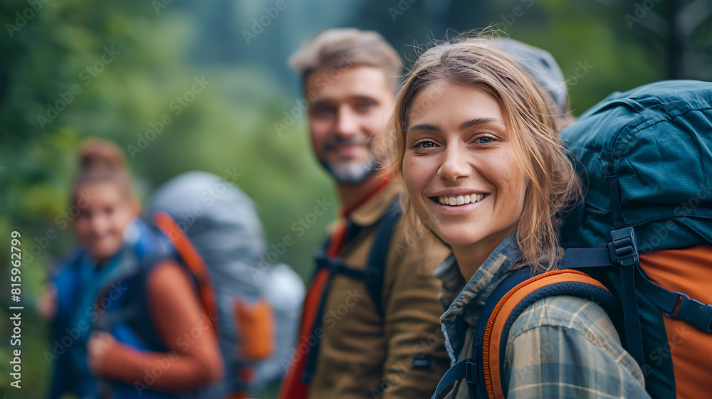 Portrait of a young woman in hiking clothes and with a backpack against the background of the forest, mountains and her friends travelers. The concept of family travel, relaxation and adventure Portrait of a young woman in hiking clothes and with a backpack against the background of the forest, mountains and her friends travelers. The concept of family travel, relaxation and adventure