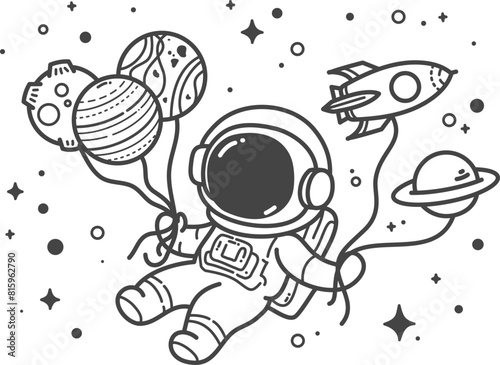 Astronaut’s Cosmic Journey - Coloring page for children. Hand drawing vector illustration in black outline on a white background.