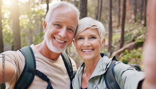 hiking and portrait of senior couple with smile on adventure in forest, woods and mountain for exercise