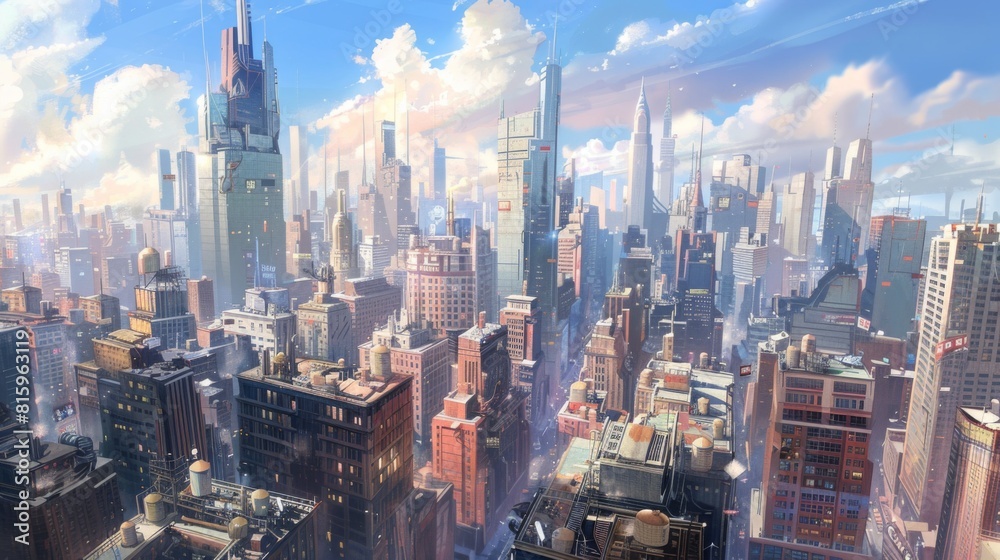 Obraz premium Majestic skyscrapers towering over a bustling cityscape, epitomizing urban sophistication and modernity.