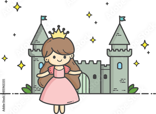 A smiling princess with a crown stands in front of her castle - Coloring page for children. Hand drawing vector illustration in black outline on a white background.