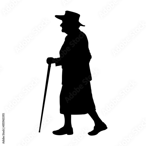 Old woman in hat with cane walking, old age, senior woman - vector illustration