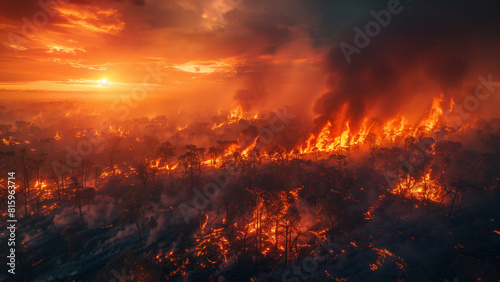 Spectacular Sunset View Over Devastating Forest Fire, Evoking Urgency and Power of Nature's Wrath