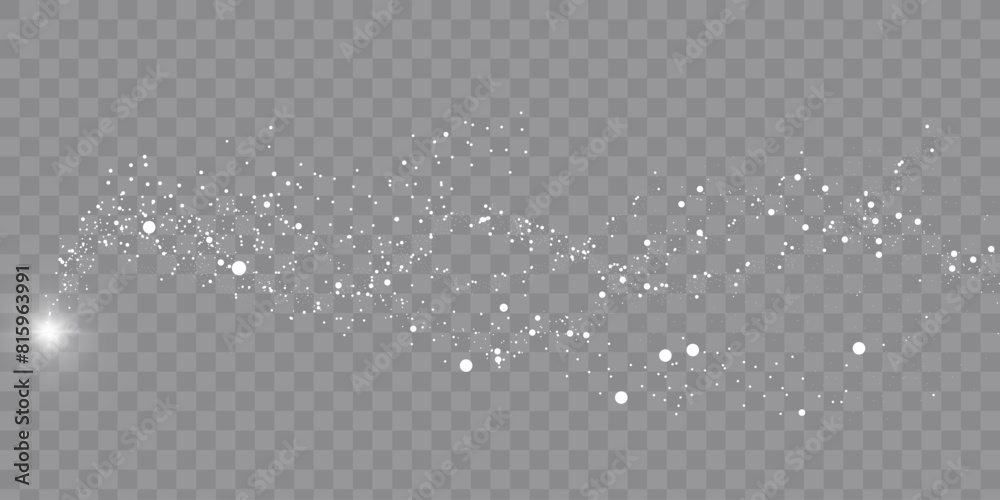 Collection of glittering stars with silver shimmering swirls, shiny glitter design. Magical motion, sparkling lines on a black background.