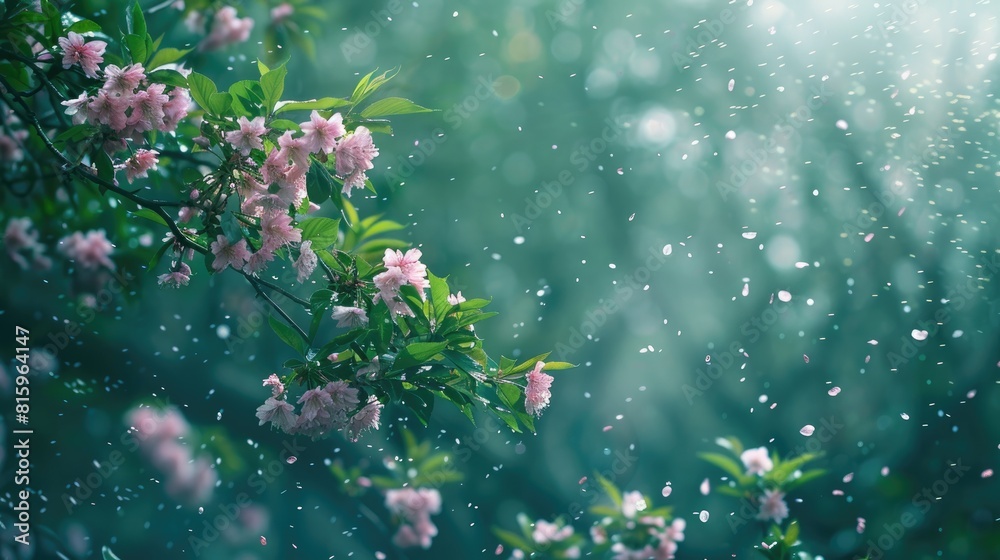 Cherry blossoms in the distance amid a backdrop of green foliage