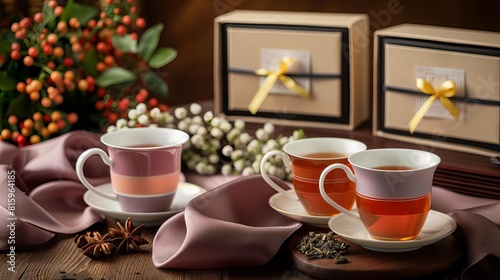 elegant assortment of tea cups with various teas and boxes still life food photo