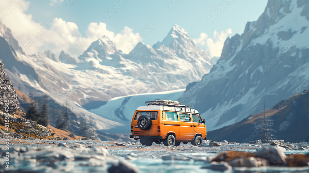 Embark on an adventure car with this captivating image of a recreational vehicle on the road, framed by majestic mountains in the background. The scene captures the spirit of travel, exploration
