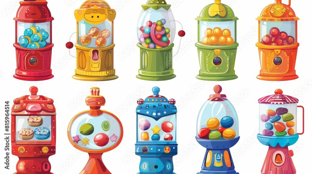 Red, blue, green, and yellow retro vending machine cartoon set on white background filled with bubblegum, sweets, gumballs, and chewing gum. Red, blue, green, and yellow retro vending machine cartoon set on white background filled with bubblegum, sweets, gumballs, and chewing gum.