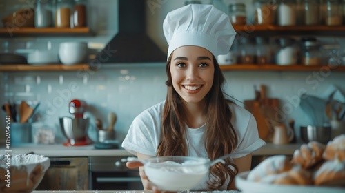 beautiful young chef decorating delicious dessert photo