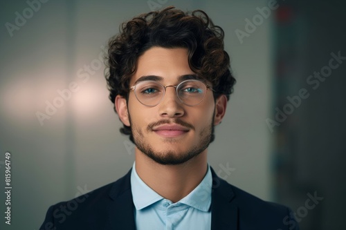 portrait of male office employee with curly hair smiling