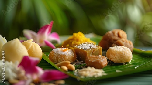 elegant still life photo of traditional sinhalese sweets kavum kokis and athirasa on a banana leaf celebrating sri lankan new year photo