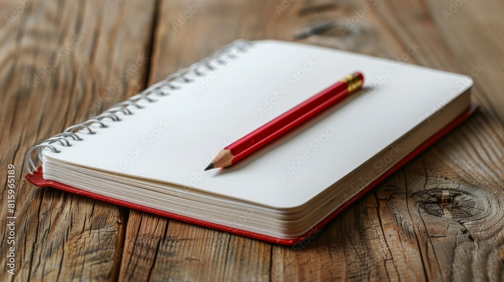 red pencil resting on a blank white notebook on a wooden surface. red pencil resting on a blank white notebook on a wooden surface.