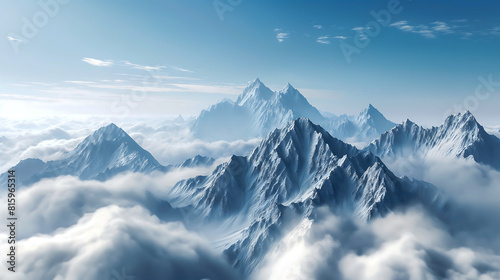 Panoramic aerial view of continuous range of majestic mountain peaks  rises among the white clouds