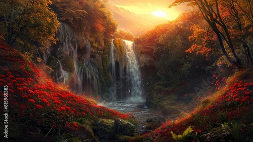Beautiful waterfall in an autumn forest with red flowers and green grass at sunset. © Fatema