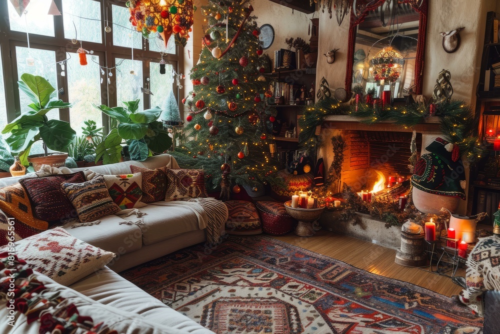 Warm holiday interior with a decorated tree, fireplace, and candles