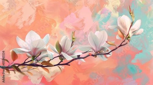 Painting of blooming cherry  flowers and branches with leaves on a colorful background,
