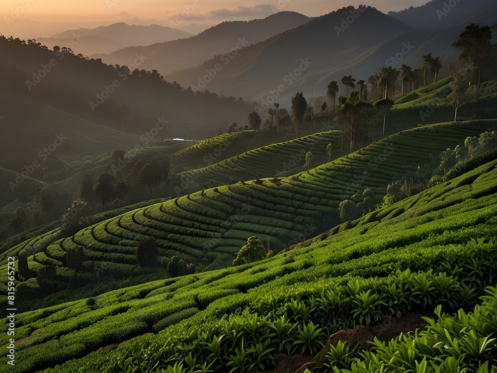 Tea plantation landscape at dawn in Malaysias Cameron