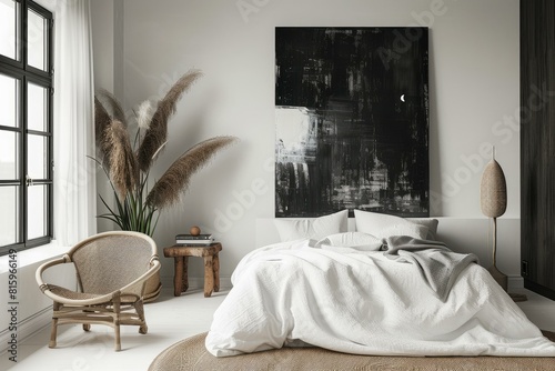 Elegant bedroom featuring a cozy bed  abstract painting  and natural accents