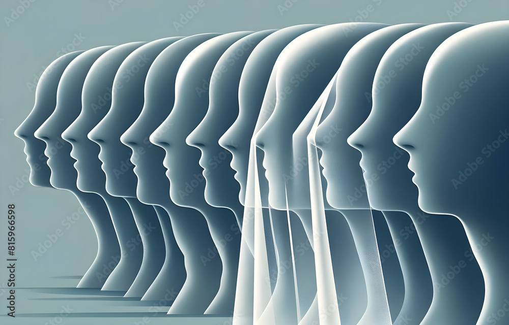 Fototapeta premium Concept of Human Identity and Individuality | Surreal Minimalist Abstract Art Featuring Translucent Human Heads in Profile View | Themes of Conformity in Muted Blue and Gray Tones | Ethereal