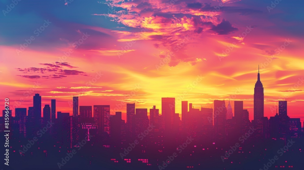 Silhouette of city skyline at sunset, with tall buildings creating a dramatic backdrop against colorful skies.